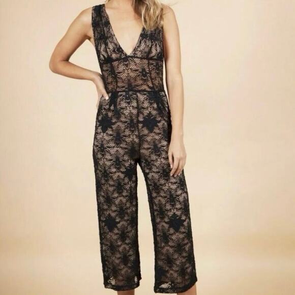 Free People x NightCap Clothing Fleur Black Lace Sleeveless Jumpsuit - Picture 1 of 7